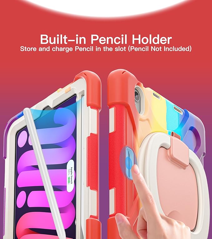 BATYUE Case for iPad mini 7 A17 Pro 2024/iPad Mini 6 2021 8.3 Inch with Pencil Holder 360 Rotating Stand Shoulder Strap Handle Grip Shockproof Rugged Case for iPad mini 7th/6th Gen Colourful Red