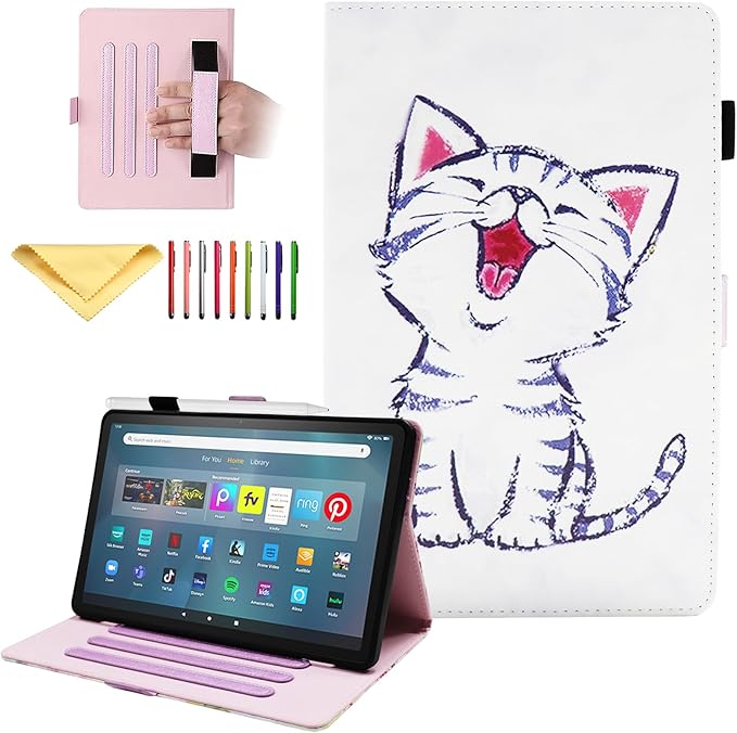 Case for Amazon Kindle Fire Max 11 Tablet (13th Generation 2023 Release) with Pencil Holder/Hand Wrist Strap Folio Stand Magnetic Smart PU Leather Cover [Auto Sleep Wake] White Cat Kitty