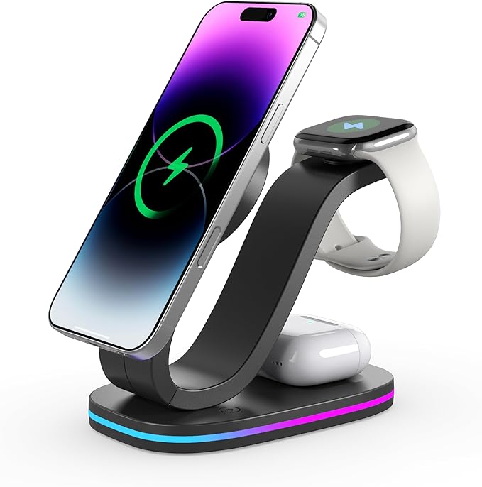 Wireless Charging Station Qi2 15W 4-in-1 Charger Station for iPhone 17/16/15/14/13/12 Series Watch Airpods 1-8/Ultra iPad AirPods (Black 4 in 1)