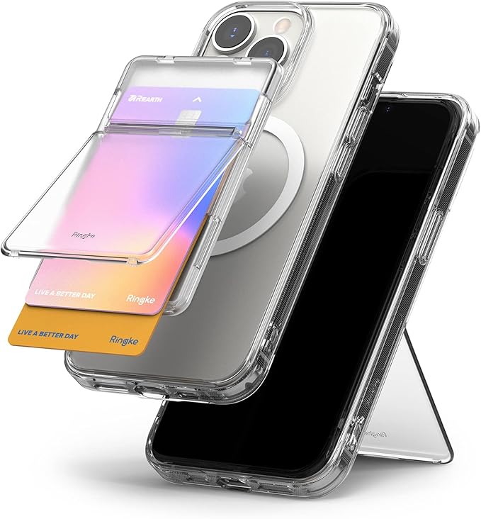 Ringke Magnetic Stand Slot Card Holder [Phone Wallet + Stand] ID &amp Credit Card Holder for Phone Case Magnetic Card Wallet Compatible with Magsafe iPhone 13 12 Pro Max Mini - Clear Mist