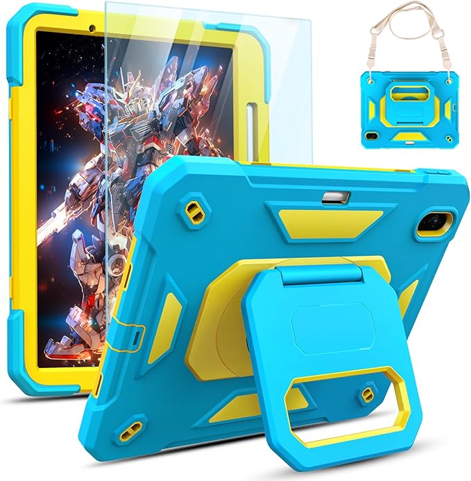 KCJ for iPad Air 11 Inch Case M3 2025 7th Generation &amp M2 2024 6th Generation with Tempered Glass Screen ProtectorRugged Protective Case with Folding Stand/Pencil Holder/Shoulder Strap(Blue+Yell
