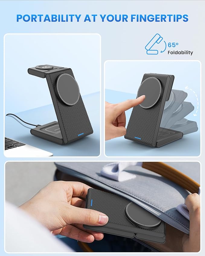 JoyGeek 3-in-1 Wireless Charging StationFoldable Travel Charger Stand for iPhone 15/14/13/12 Series Fast Magnetic Charging Dock for Apple Watch Ultra 2/9/8/7/6/SE/5/4/3/2AirPods Pro 3/2