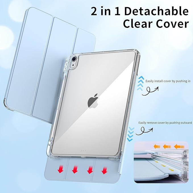 kenke Hybrid Case for iPad Air 11 Inch (M3) 2025 / (M2) 2024 iPad Air 5th/4th Gen 2022/2020 10.9 Inch with Pencil Holder Detachable Cover with Clear Hard Back Shell Auto Sleep/Wake Sky Blue