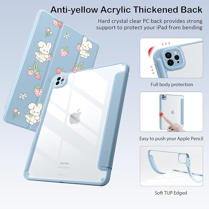 Cute Kawaii Bunny Strawberry for iPad (A16) 11th Generation Case 11 Inch 2025 for iPad 10th Generation Case 10.9 Inch 2022 with Pencil Holder Auto Sleep/Wake Blue Leather Clear Acrylic Back Cover