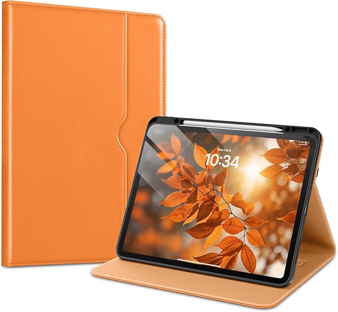 VIKESI Case for iPad Pro 13 (M4) 2024 Leather Stand Cover with Apple Pencil Holder Auto Wake/Sleep Multiple Viewing Angles Built in Hand Strap &amp Pocket Orange