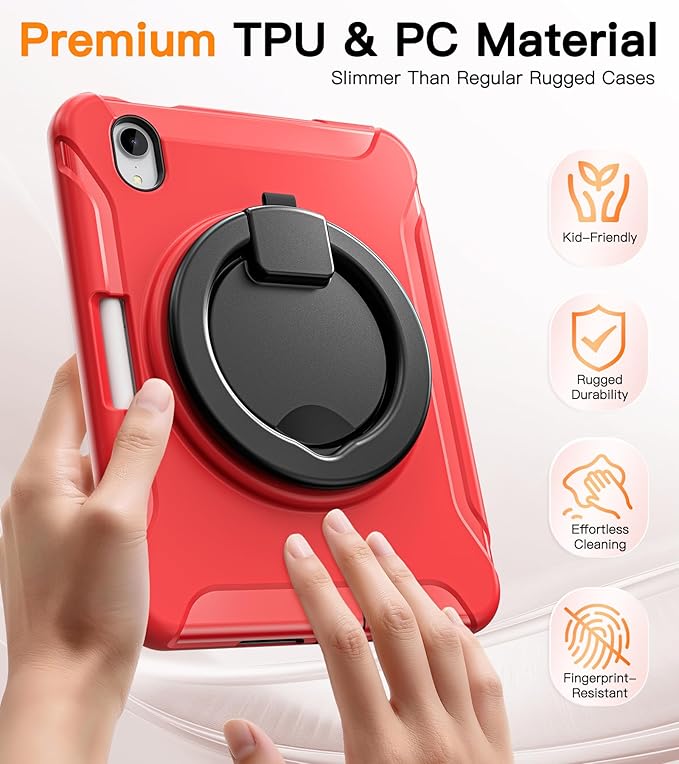 BATYUE Shockproof Case for iPad mini 7 (A17 Pro)/ Mini 6 8.3 inch (2024/2021) - 360° Multi-Angle Stand (Portrait &amp Landscape) &amp Grip Built-in Pencil Holder Red