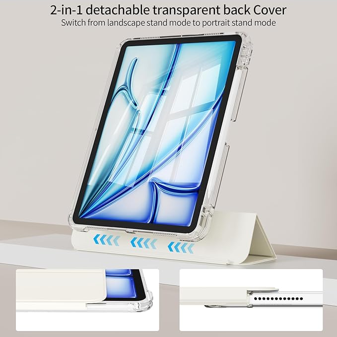 Case for iPad Air 11 inch M4/M3/M2 (2026/2025/2024) &amp iPad Air 5/4th Generation (2022/2020) 10.9 inch 2-in-1 Removable Hard PC Transparent Back with Pencil Holder Auto Sleep/Wake White Cream