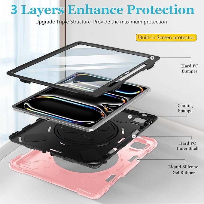Case for iPad Pro 13 Inch M5 2025/ M4 2024: Military Grade Cover for iPad Pro 13 with Screen Protector - Stand - Handle - Shoulder Strap - Pencil Holder-Orange