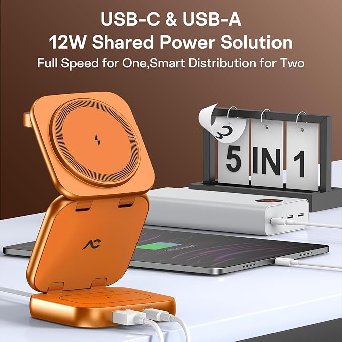 5-in-1 Wireless Charger for MagSafe AC ISLAND Portable Travel Charging Station 35W Max Fast Foldable Magnetic Stand Evolved for iPhone 17-12 &amp Air Series Apple Watch AirPods (with 35W Adapter
