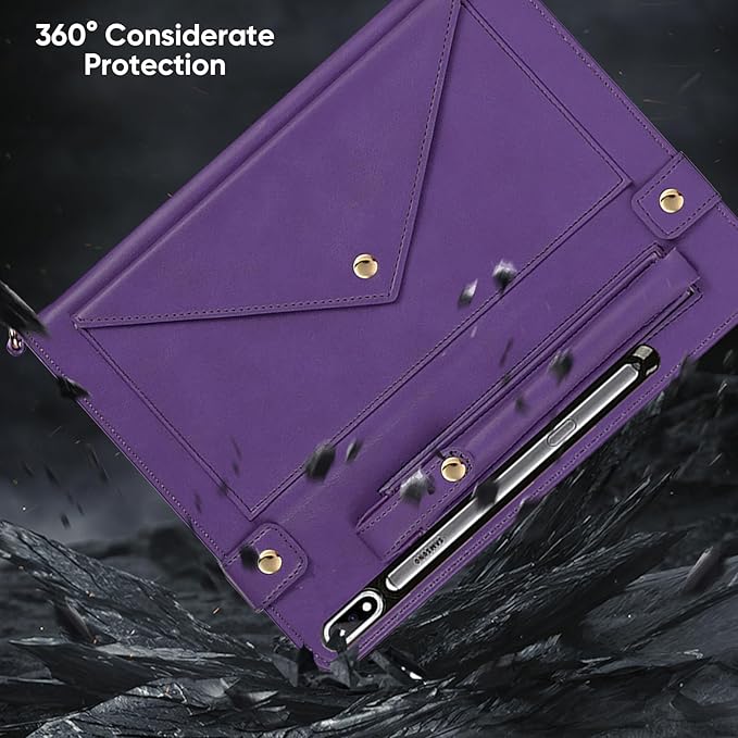 Tablet Carrying Shoulder Bag Case for Samsung Galaxy Tab S8+ Plus/S7+ Plus/ S7 FE 12.4 Retro PU Leather Hand Strap Crossbody Shoulder Strap Cards Holder Pocket S Pen Holder Stand CoverPurple