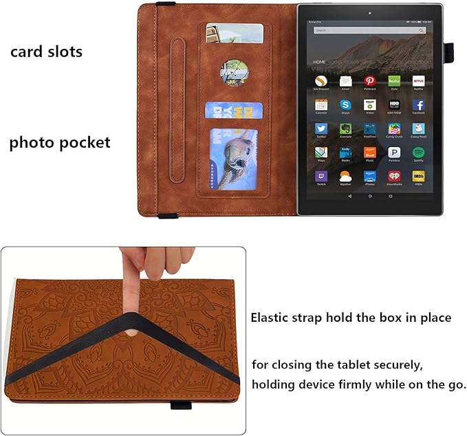 Fire HD 10 Case 9th/7th Generation (2019/2017) 10.1 with Pencil Holder Elastic Band Pocket Multi-Angle Stand Magnetic Folio Wallet PU Leather TPU Shockproof Cover Brown Paisley Flower