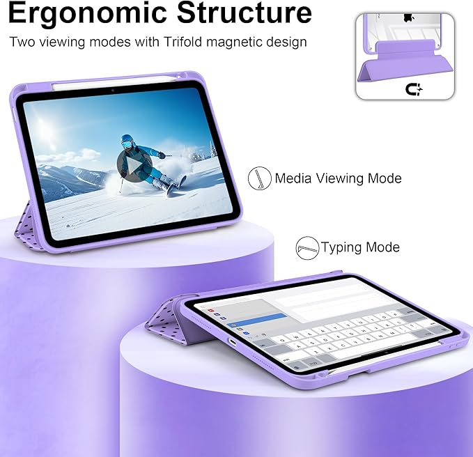 Case for iPad A16 11th Generation 11 inch 2025 iPad 10th Generation 10.9 inch 2022 -[Built-in Pencil Holder] Shockproof Clear Hard Back Trifold Stand Auto Wake/Sleep Purple Polka dot