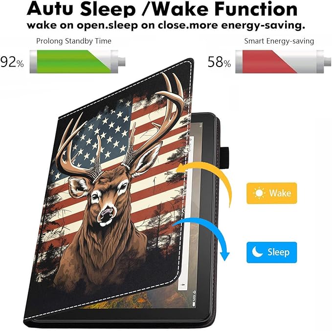 Case for All-New Amazon Kindle Fire HD 10 &amp 10 Plus Tablet 10.1 (13th/11th Generation 2023/2021 Release) - PU Leather Folio Case with Smart Auto Wake/Sleep American Flag Deer