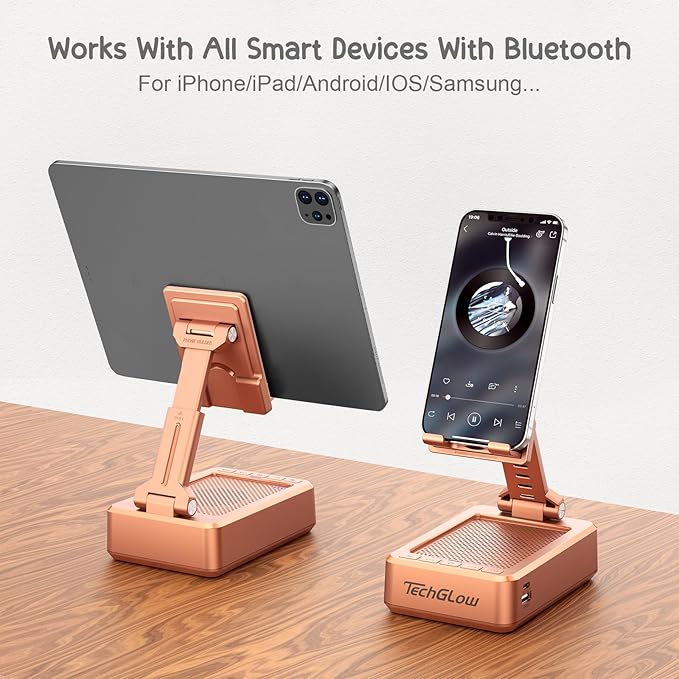 TechGlow Gifts for Men Women Foldable Cellphone Stand with Bluetooth Speaker and Charging Function Birthday Gift Idea for Mom Dad Cool Gadget Tech Gifts-Rose Gold