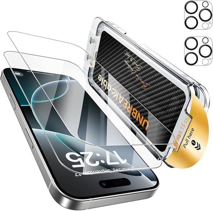 UNBREAKcable Top 9H+ Screen Protector &amp Lens Protector for iPhone 16 Pro (2+2 Pack)Military-Grade Shatterproof Tempered Glass [99% HD Clear][Easy Install] Bubble-Free &amp Anti Fingerprint-6.3