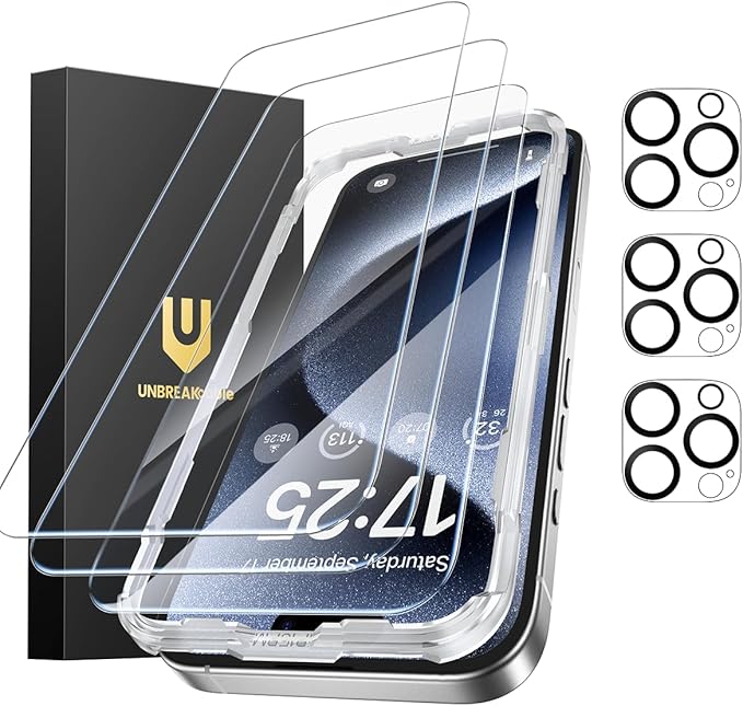 UNBREAKcable iPhone 15 Pro Screen Protector 3-Pack 3 Tempered Glass + 3 Camera Lens Protectors 9H Hardness HD Clarity Anti-Fingerprint Case Friendly 6.1 Inch