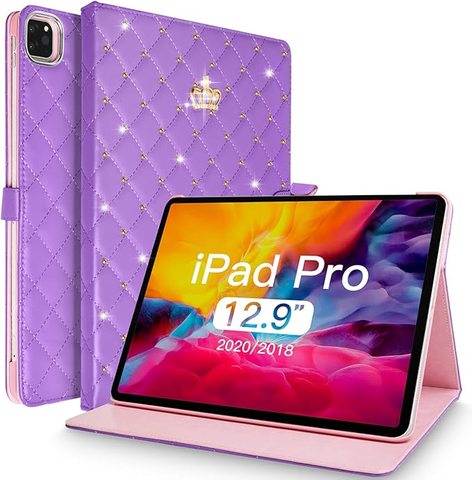 for iPad Pro 12.9 Inch Case 6th/5th/4th/3rd Generation (2022/2021/2020/2018) Crown Diamond Bling Cute PU Leather Smart Auto Sleep/Wake Stand Shockproof Protective Case for iPad 12.9 Purple