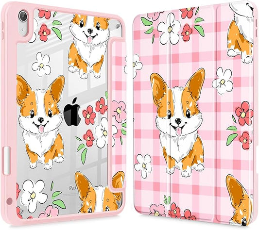 May Chen Case for iPad Air 13 Inch M4 2026 M3 2025 M2 2024 [Built-in Pencil Holder] Shockproof Cover with Clear Transparent Back Shell Auto Sleep/Wake Cover Corgi Dog Stripes