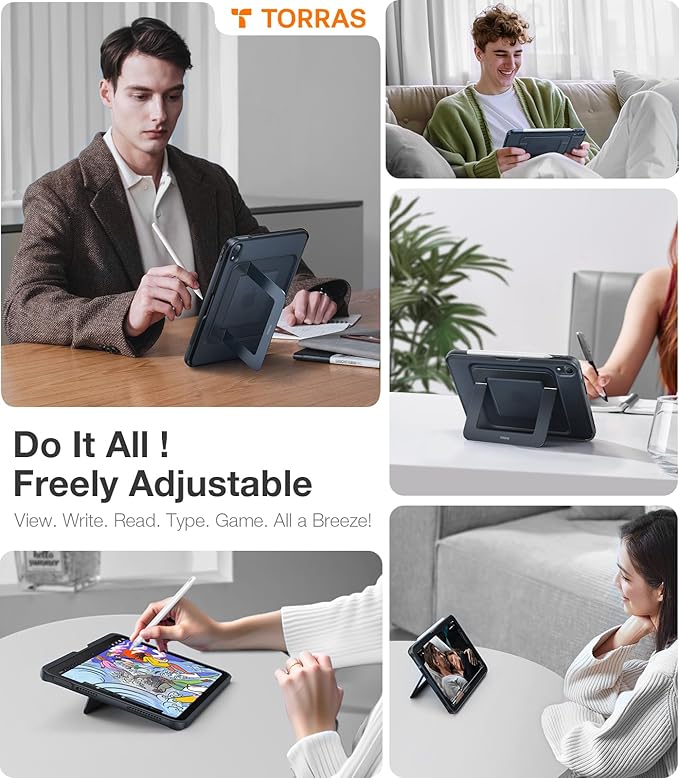 TORRAS Ostand K1 Guardian for iPad Air 11 inch Case M4/M3/M2 (2026/2025/2024) Ultra Stable Stand Multiple Adjustable Viewing Angles Slim Protective Kickstand Cover with Pencil Holder Black