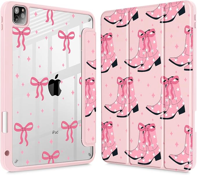 May Chen for iPad Pro 11 inch M2 4th Generation 2022 iPad Pro 11 3rd/2nd/1st Gen Built-in Pencil Holder with Shockproof Cover Clear Transparent Back Shell Auto Wake/Sleep Pink Boots Bows
