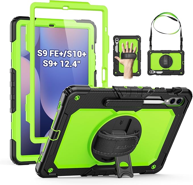 SEYMAC Case for Samsung Galaxy Tab S10+ Plus 2024/S9 FE+/S9+ 12.4 2023 Heavy Duty Shockproof Protective Case With Screen Protector Stand Hand/Shoulder Strap and Pen Holder Green