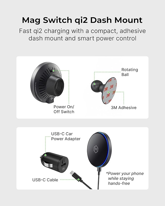 Mag Switch Qi2 Wireless Car Charger Small Dash Mount 15W Fast Charger with Built in on/off Switch for smarter charging Strong N52 Magnets Compatible with iPhone 14/15/16/17 Iphone Air