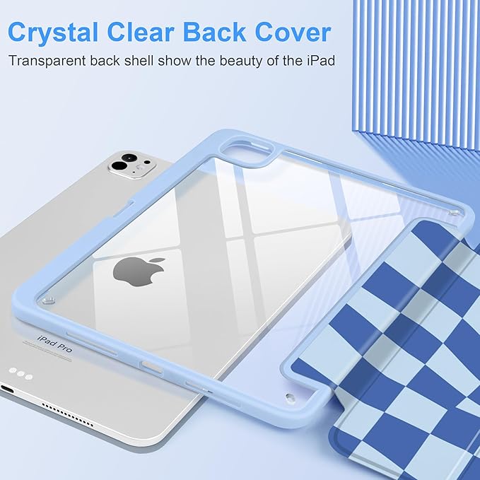 TWOLSKOO Case for iPad Pro 11-inch (M5 2025 / M4 2024) Clear Acrylic Back with TPU Bumper Pencil Holder Trifold Stand Auto Sleep/Wake Blue Wavy Checker