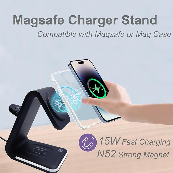 Magnetic Wireless Charger 3 in 1 Charging Station with Nightlight for Apple Magsafe iPhone 16/15/14/13/12 iWatch Series AirPods Charger Stand(15W Adapter)