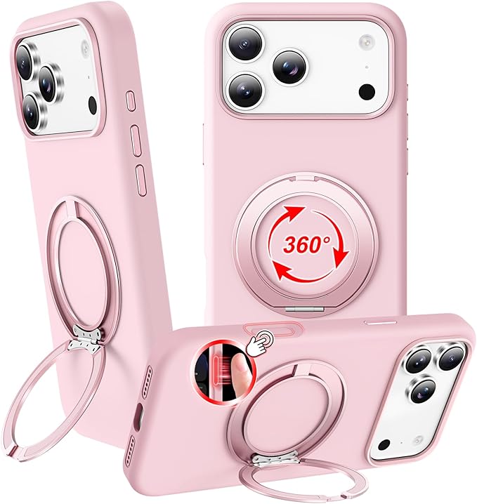 STERKER 360° Rotatable Stand Compatible with iPhone 17 Pro Max Case with Magnetic [Military Grade Drop Tested][Adjustable Kickstand] Ring Holder Silicone Slim Back Soft Edge Pink