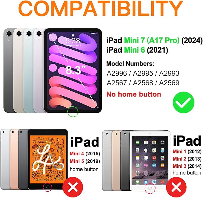 BATYUE Case for iPad mini 7 A17 Pro 2024/iPad Mini 6 2021 8.3 Inch with Pencil Holder 360 Rotating Stand Shoulder Strap Handle Grip Shockproof Rugged Case for iPad mini 7th/6th Gen Black