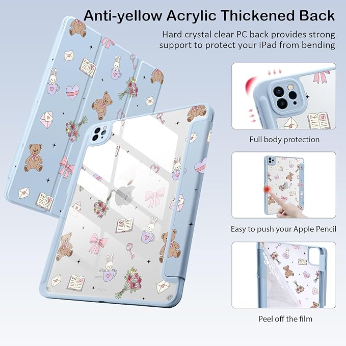Cute Kawaii Bunny Bear Flower for iPad Pro 12.9 Inch Case 5th/6th Generation 2022/2021/2020 with Pencil Holder Auto Sleep/Wake Blue Leather Clear Acrylic Back Cover
