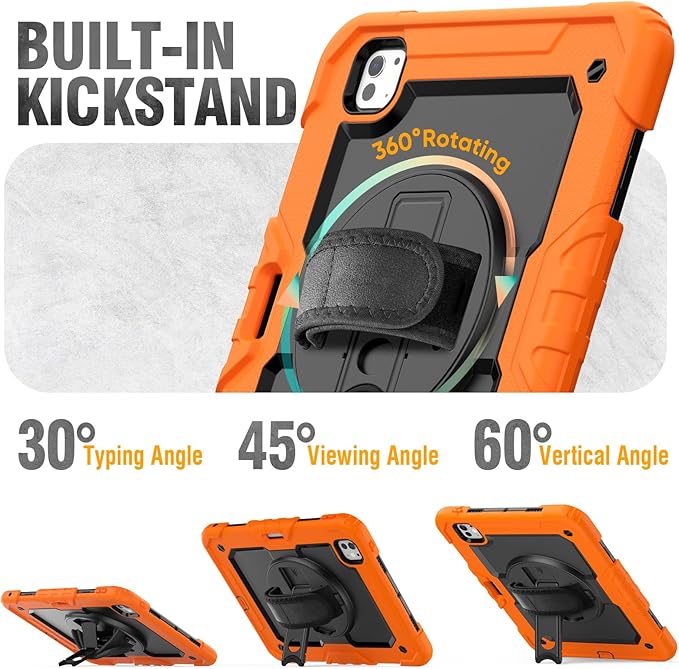 HXCASEAC for iPad Pro 11 Inch Case (M5/M4) 2025/2024 Shockproof Design with Pencil Holder Protector Rotating Stand Hand Strap Heavy Duty Protective iPad Pro11 6th/5th Generation Cover Orange