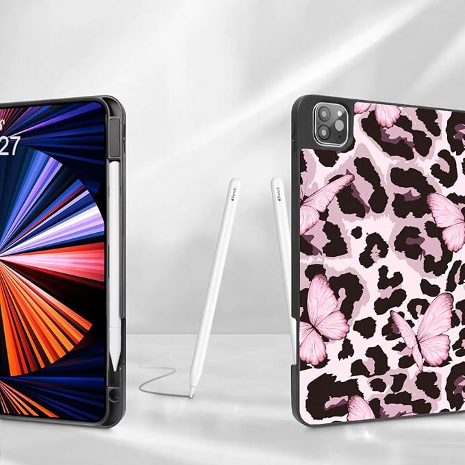 Mektron for iPad Pro M2 11-inch 4th/ 3rd/ 2nd/ 1st Gen Case 2022 2021 2020 2018 with Pencil Holder Tablet Cover with Soft TPU Back Cover for 11 inch iPad Pro Leopard Pink Butterfly