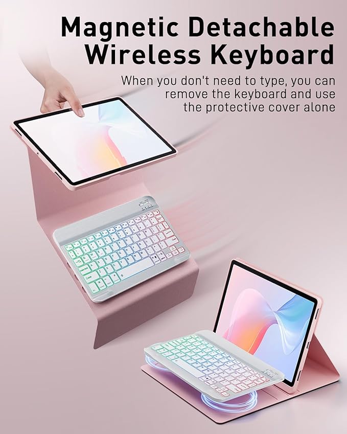 Case with Keyboard for 2025 Lenovo Idea Tab Plus 12.1 Inch/Lenovo Tab K12 - Rainbow Backlit Detachable Cover with Mouse (TB361FU/TB361ZU) - Pink