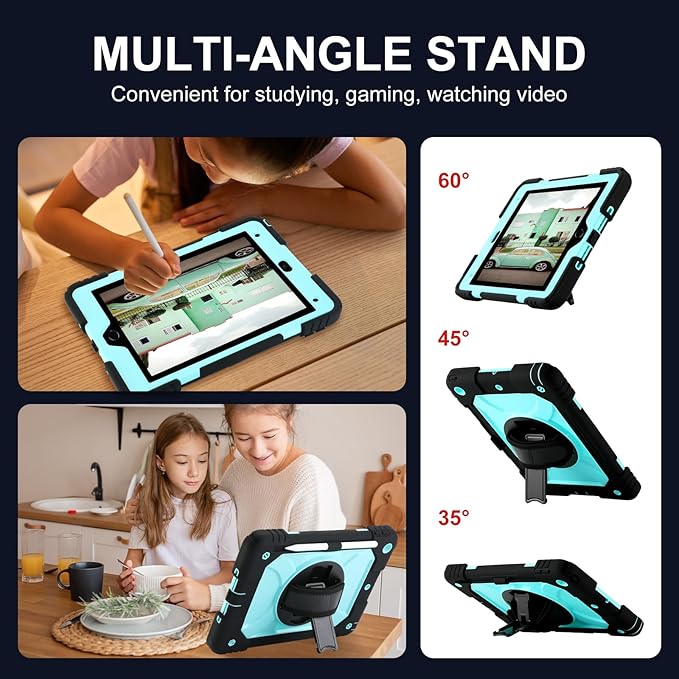 for iPad 9th/8th/7th Generation CaseiPad 10.2 Case 2021/2020/2019 with Cute Key Chain Rugged Protective Case with 360°Rotating Stand &amp Shoulder Hand Strap &amp Pen Slot for 10.2 Inch (Black+Aq