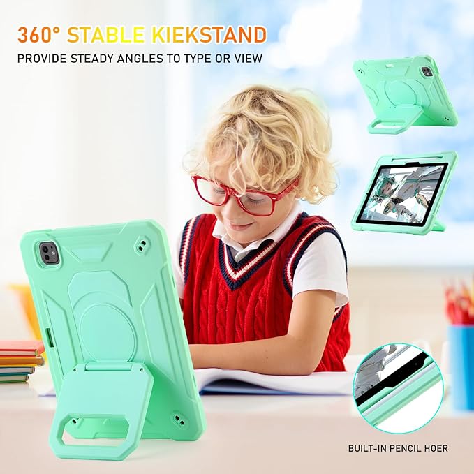 KCJ for iPad Pro 11 Case (M4) 2024with Tempered Glass Screen ProtectorCute Protective Case with Folding Stand/Pencil Holder/Shoulder Strap for iPad Pro 11 2024 (5th Generation) (Mint Green)