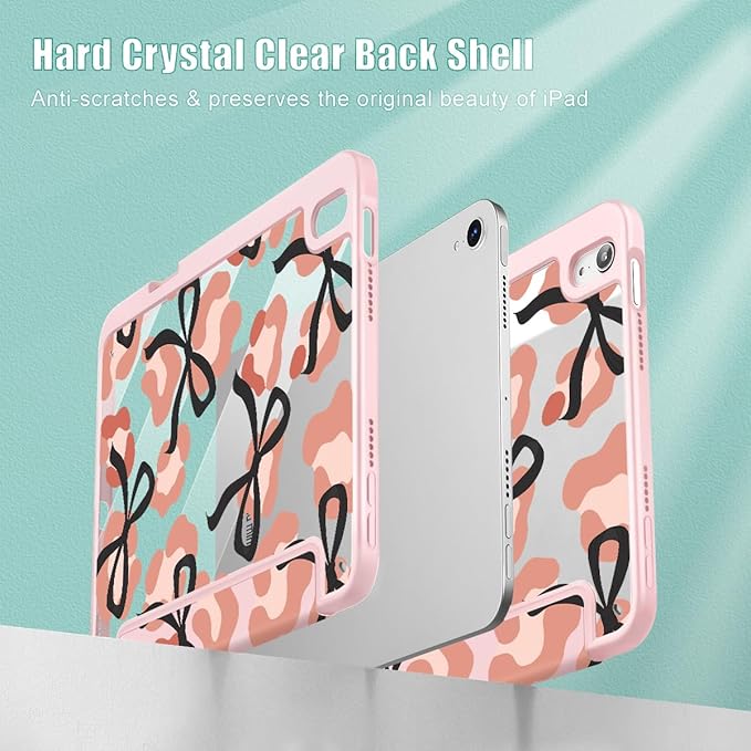 Mektron Printed Case for iPad mini 7 (A17 Pro) 2024/ Mini 6 2021 iPad mini 7th/6th Generation 8.3-inch Liquid Retina Display Cover Buit in Pencil Holder with Clear Back Shell Leopard Bows