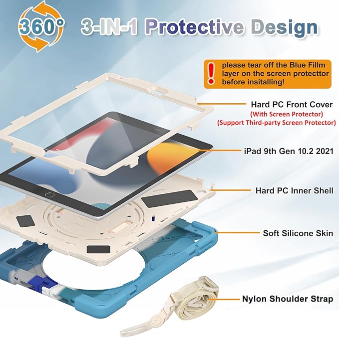 BRAECNstock for Apple iPad 9th/ 8th/7th Generation Case 10.2 2021/2020/ 2019 Shockproof Protective Case with Screen Protector Pencil Holder 360° Rotating Hand Strap + Stand Colorful Blue