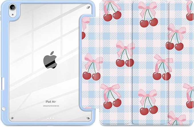 DONGKE Case for iPad Air 11-inch M4 2026 &amp M3 2025 &amp M2 2024 iPad Air 5th/4th Generation 10.9 2022/2020 [Built-in Pencil Holder] Clear Acrylic Back Trifold Stand Smart Cover Blue Cherry
