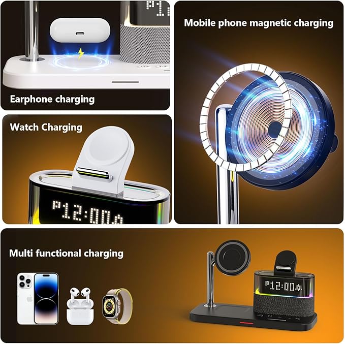 Charging Station with ClockMagnetic Wireless Charger for iPhone17 16 15 14 13 Pro Max Airpods Apple Watch Samsung PhoneBedside Docking Station with LightTech Gadgets Gifts for Men Women