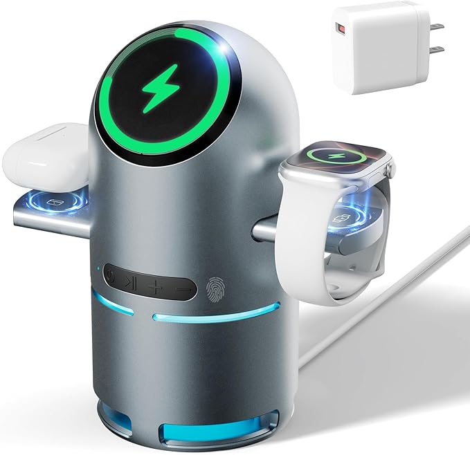 3-in-1 Wireless Charging Station with Bluetooth 5.3 Speaker Qi2 Certified MagSafe &amp Rotating Charger with Ambient Light for iPhone iWatch AirPods Suitable for Home Office and Outdoor 20W Adapt