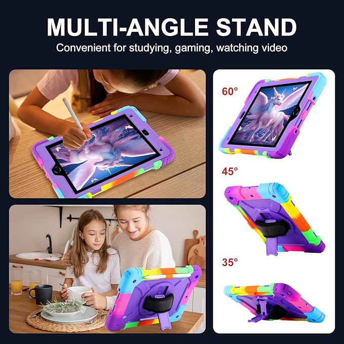 for iPad 9th/8th/7th Generation CaseiPad 10.2 Case 2021/2020/2019 with Cute Key Chain Rugged Protective Case with 360°Rotating Stand &amp Shoulder Hand Strap &amp Pen Slot for 10.2 Inch (Rainbow