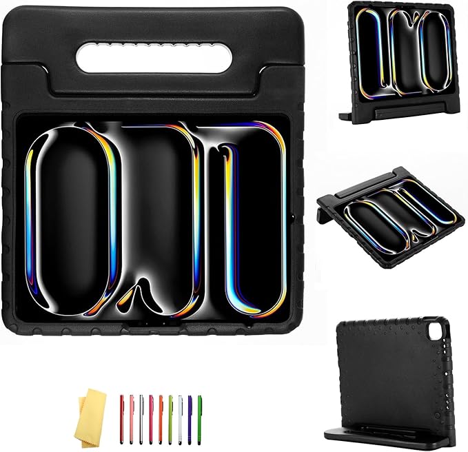 Kids Case for iPad Pro 13 inch M5/M4 (2025/2024) with Pencil Holder/Convertible Handle Stand Shockproof Slim Lightweight Cute Soft EVA Heavy Duty Rugged Kickstand Cover for Children Black