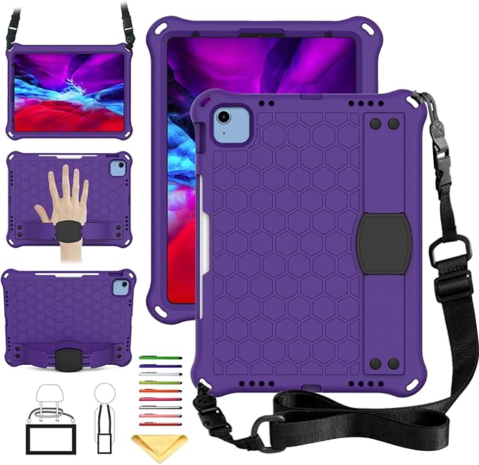 for iPad (A16) 11th Generation 11 Inch 2025 &amp iPad 10th Generation Case 10.9 inch 2022 with Pencil Holder/Kickstand/Hand Strap/Shoulder Strap Silicone &amp Hard Shockproof Stand Cover Purple