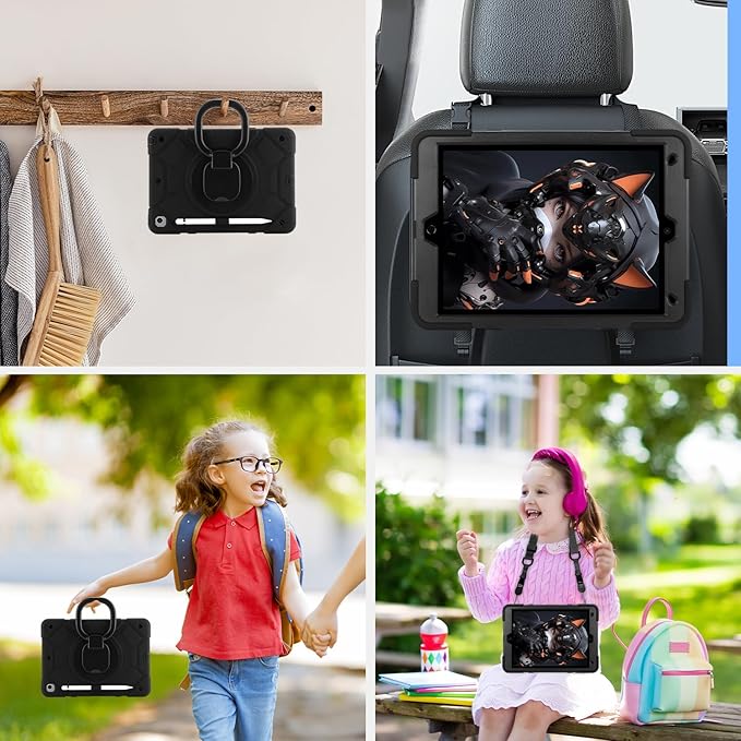 for iPad 9th/8th/7th Generation Case 10.2Heavy Sturdy Shockproof Kids Cover with Rotating Stand/Pencil Holder/Shoulder Strap for iPad 10.2 Case 2021/2020/2019 Girls (Black)
