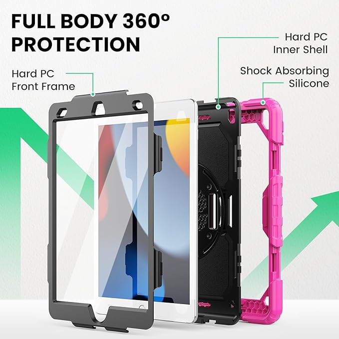 SEYMAC for iPad 9th/8th/7th Generation Case 10.2 2021-2019 Full-Body Shockproof Heavy Duty Protective Case with Screen Protector Rotating Stand/Handle/Shoulder Strap for iPad 10.2 Pink