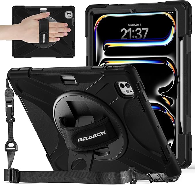 BRAECNstock for Apple iPad Pro 13 inch Case M5 2025 / M4 2024 Shockproof Protective with Pencil Holder [360 Rotating Hand Strap &amp Stand] Shoulder Strap Case for iPad Pro 13 Black