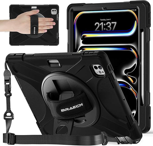 BRAECNstock for Apple iPad Pro 13 inch Case M5 2025 / M4 2024 Shockproof Protective with Pencil Holder [360 Rotating Hand Strap &amp Stand] Shoulder Strap Case for iPad Pro 13 Black