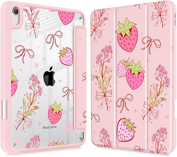 May Chen Slim Case for iPad mini 7 (A17 Pro 7th Generation) 2024 / iPad mini 6 (6th Gen) 8.3 Inch [Built-in Pencil Holder] Shockproof Cover Clear Clear Back Shell Auto Wake/Sleep Strawberry Bow