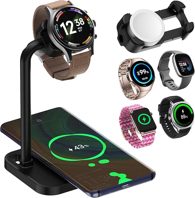 2 in 1 Universal Wireless Charging Dock with Adjustable Smartwatch Stand Compatible with Samsung/Google/Pixel/Fossil/Fitbit/Garmin/Huawei/AMAZTIM/Amazfit/Suunto/xiaomi(2SW-B)